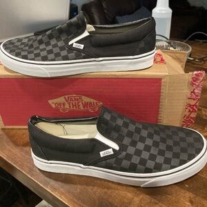 Vans Men's Black and Gray Checkered Slip-On Sneakers